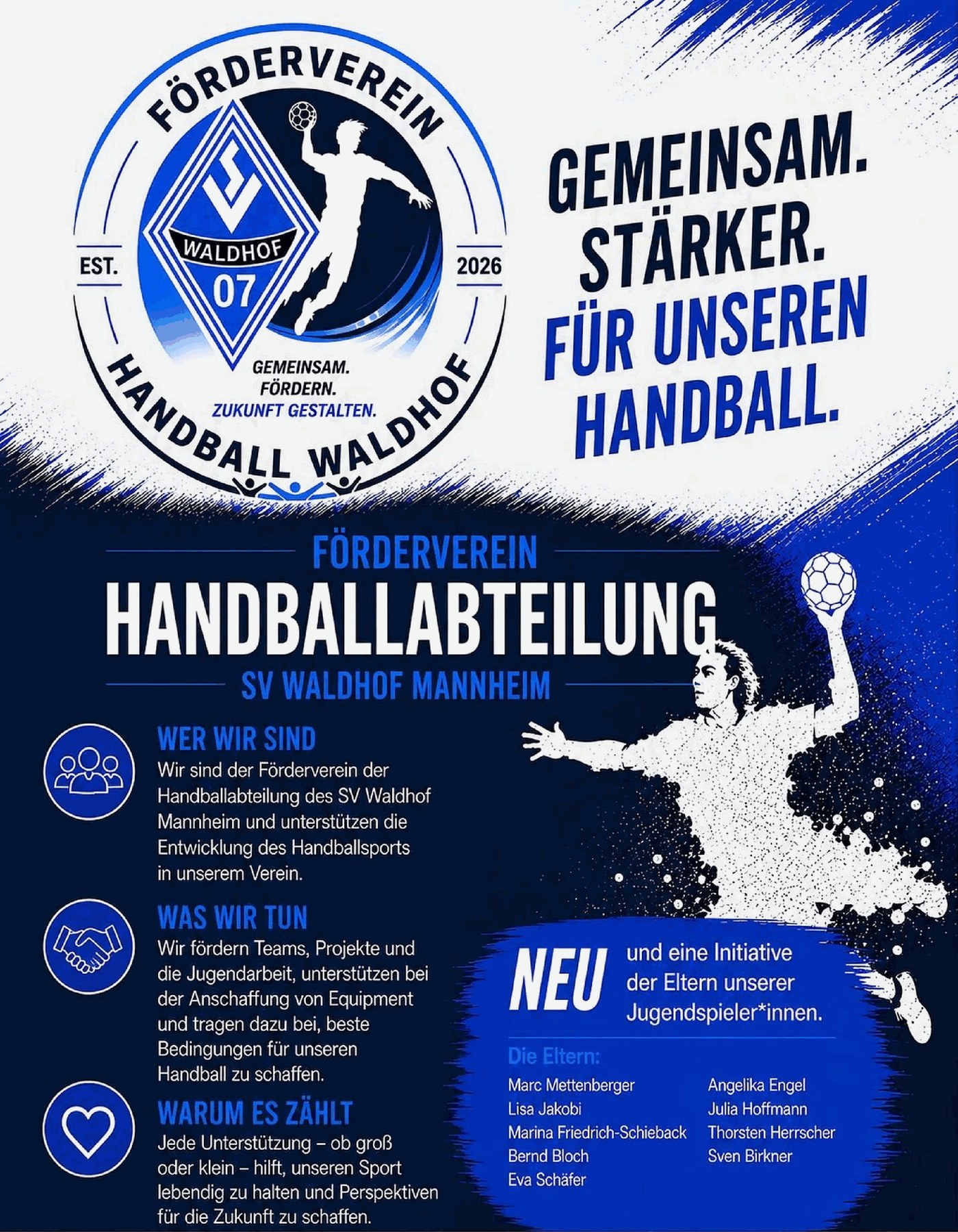 Förderverein Handball beim SV Waldhof Mannheim – Gemeinsam. Stärker. Für unseren Handball. Wer wir sind, was wir tun, warum es zählt. Eine Initiative der Eltern.